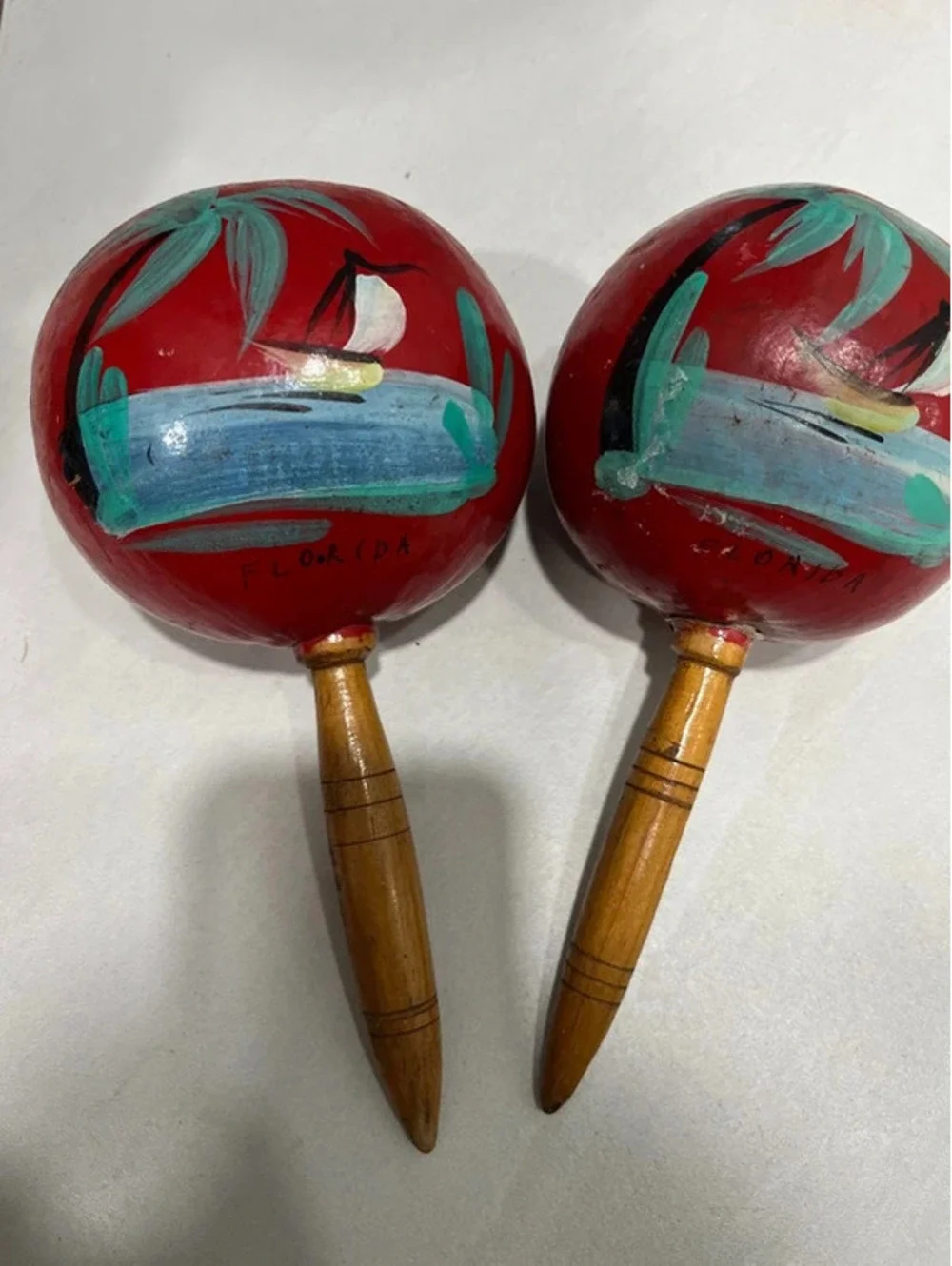 2pc vintage-style, hand-painted wooden maracas Florida beach